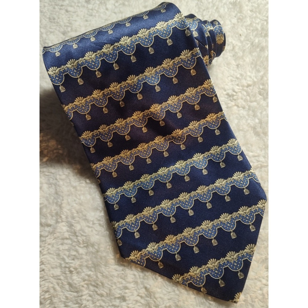 Faberge Silk Necktie Blue‎ Gold Scalloped Pattern Handmade USA Men's